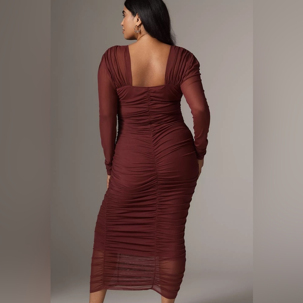 By Anthropologie Long-Sleeve Ruched Slim Midi Dress Pre Owned Burgundy Plum M - Picture 5 of 7
